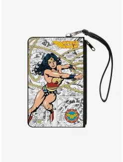 DC Comics Wonder Woman Lasso Action Pose Logo Comic Scenes Wallet Canvas Zip Clutch