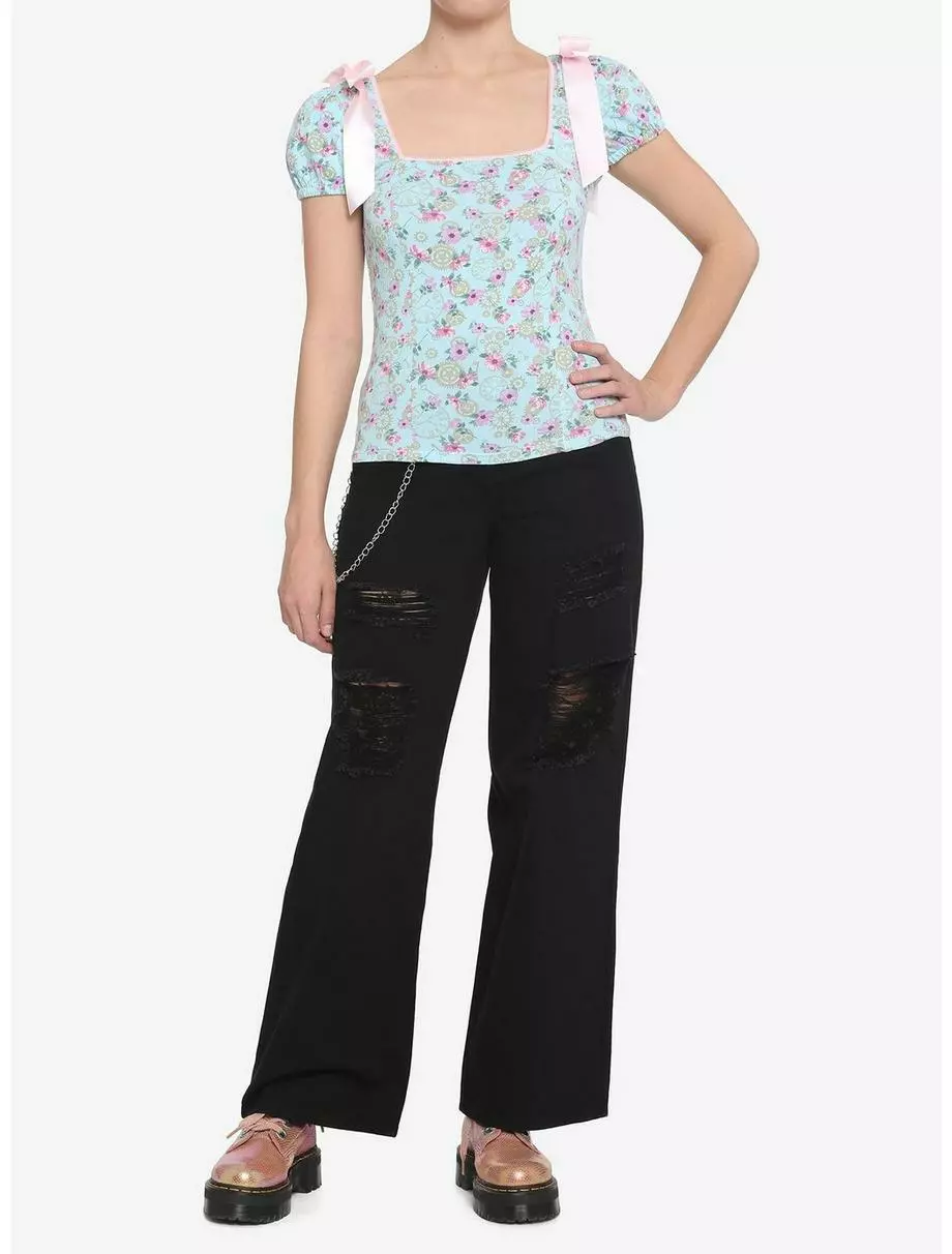 Blue Floral Clocks & Gears Girls Top 4 Blue Floral Clocks & Gears Girls Top - Image 2