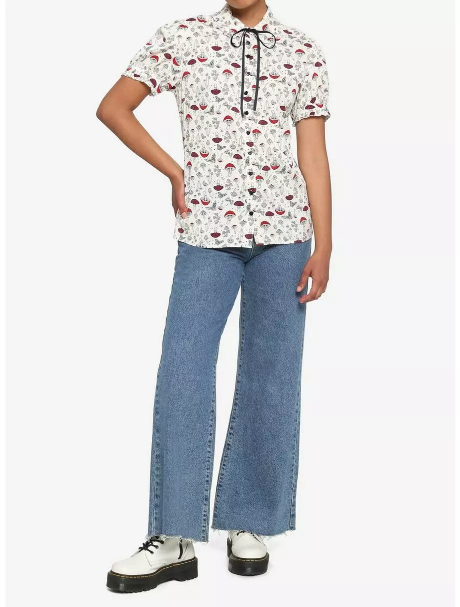 Mushroom Puff Sleeve Girls Woven Button-Up 4 Mushroom Puff Sleeve Girls Woven Button-Up - Image 2