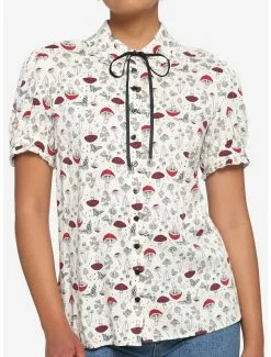 Mushroom Puff Sleeve Girls Woven Button-Up