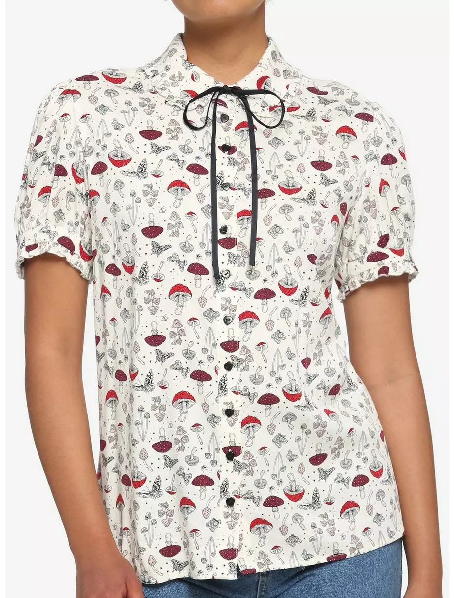 Mushroom Puff Sleeve Girls Woven Button-Up 3 Mushroom Puff Sleeve Girls Woven Button-Up