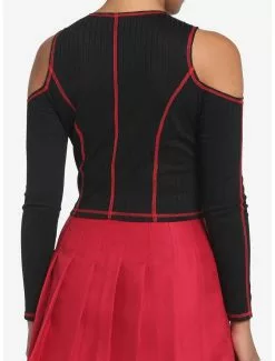 Black & Red Contrast Stitch Cold Shoulder Girls Crop Long-Sleeve Top -Studio Ghibli Store 17904223 av2