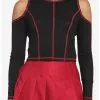 Black & Red Contrast Stitch Cold Shoulder Girls Crop Long-Sleeve Top -Studio Ghibli Store 17904223 hi