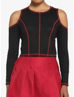 Black & Red Contrast Stitch Cold Shoulder Girls Crop Long-Sleeve Top