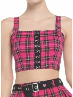 Hot Pink Tartan Hook-And-Eye Girls Crop Tank Top