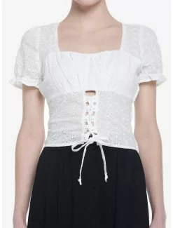 White Floral Lace-Up Girls Crop Top