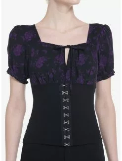 Cosmic Aura Black & Purple Rose Hook-And-Eye Girls Top