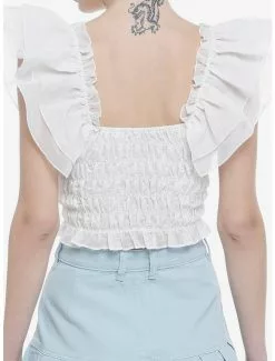 White Smocked Flutter Sleeve Girls Crop Top -Studio Ghibli Store 20085879 av2