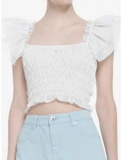 White Smocked Flutter Sleeve Girls Crop Top